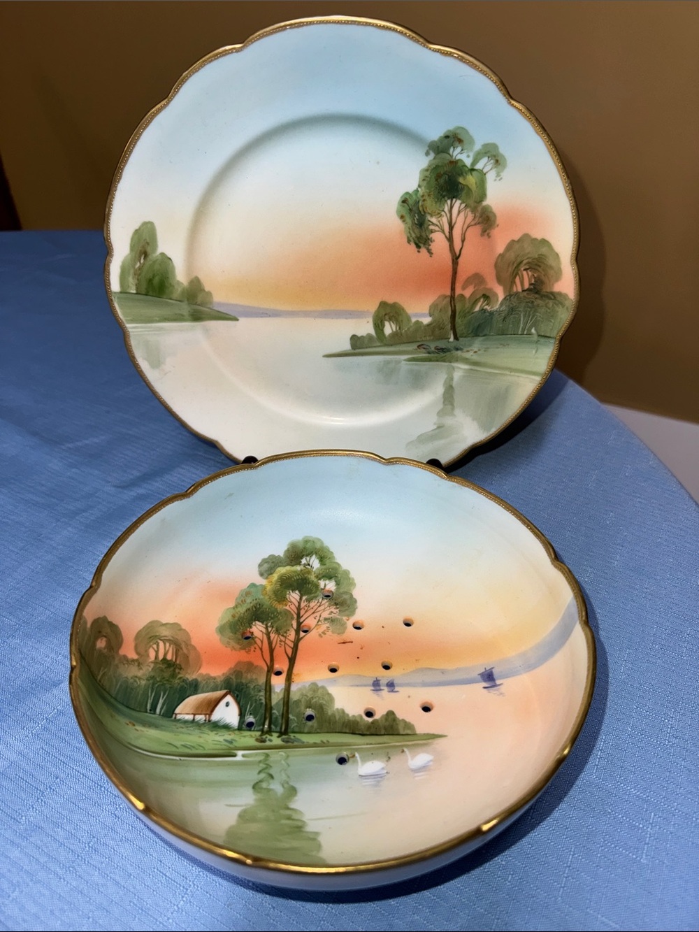 Nippon hand-painted porcelain berry bowl and plate Morimura "Tree in the Meadow"